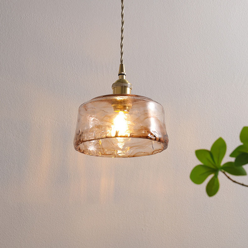 Vintage Amber Glass Drum Pendant Light with Brass for Living Room