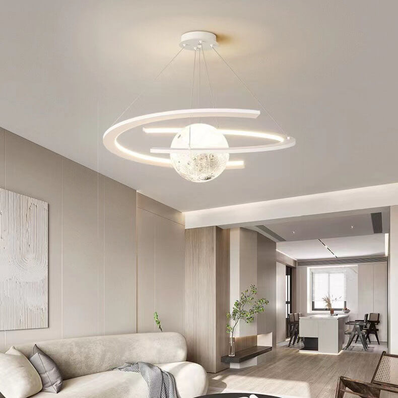 Nordic Minimalist White Wrought Iron Planet LED Chandelier for Kids' Room