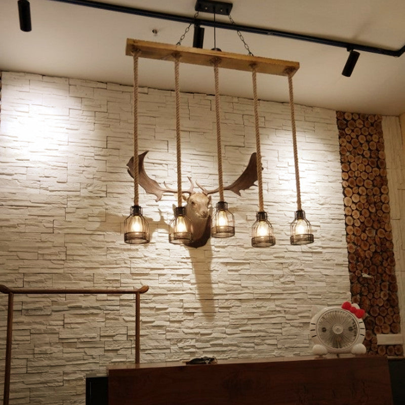 Rustic Wood Beam Iron Cage 5-Light Chandelier for Dining Room Decor
