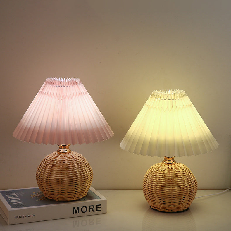 Scandinavian Rattan Pleated Conic LED Table Lamp for Modern Bedrooms