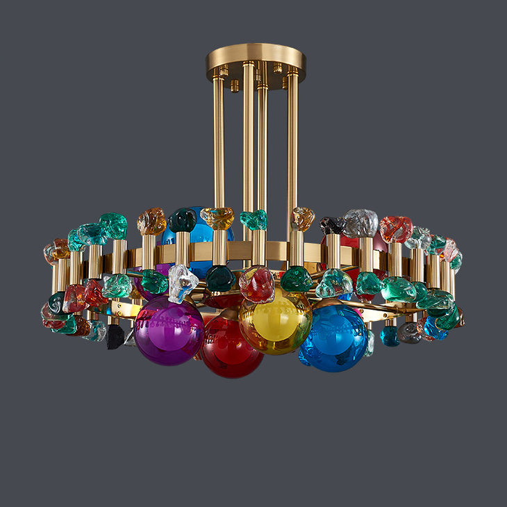 Modern Gold Finish Chandelier with Colorful Glass Shades for Living Room