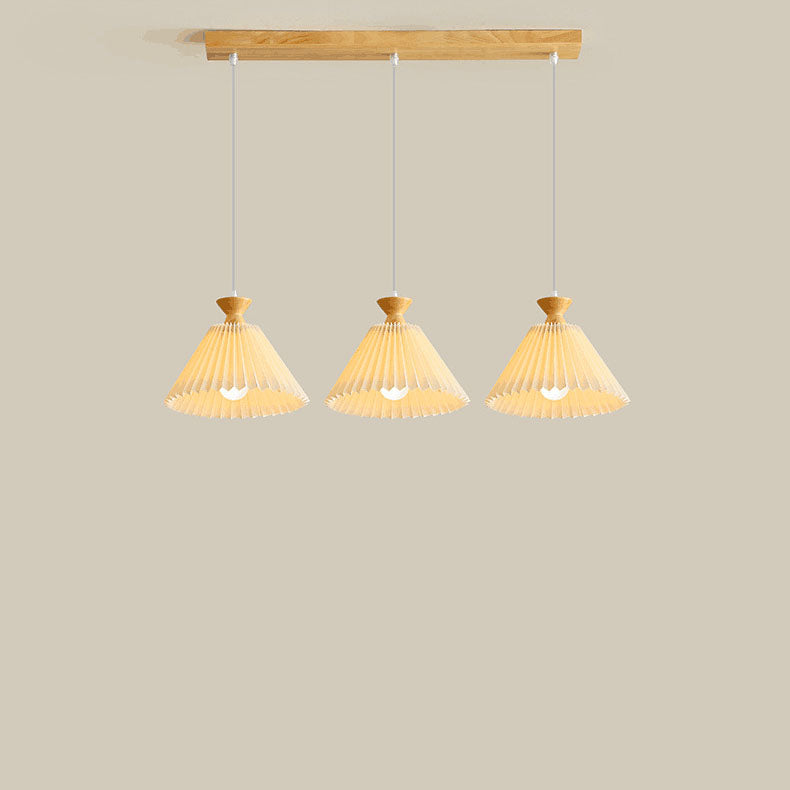 Traditional Japanese Pleated Cone Rubberwood Chandelier for Living Room