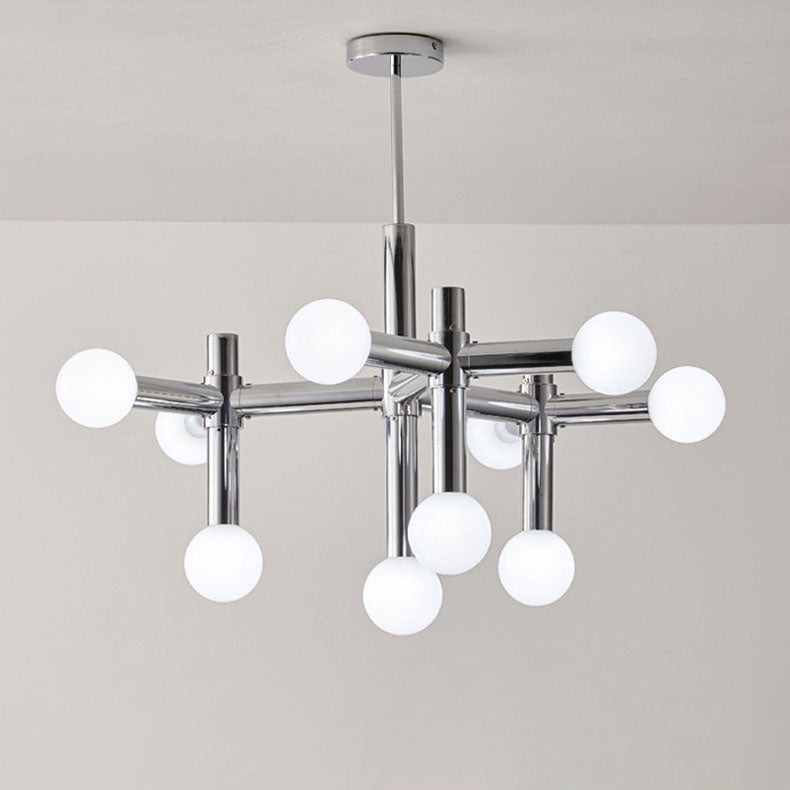 Mid-Century Modern Silver Iron 10-Light Glass Ball Chandelier for Living Room