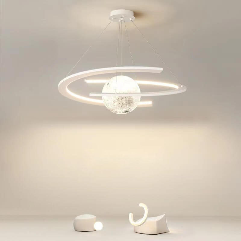 Nordic Minimalist White Wrought Iron Planet LED Chandelier for Kids' Room