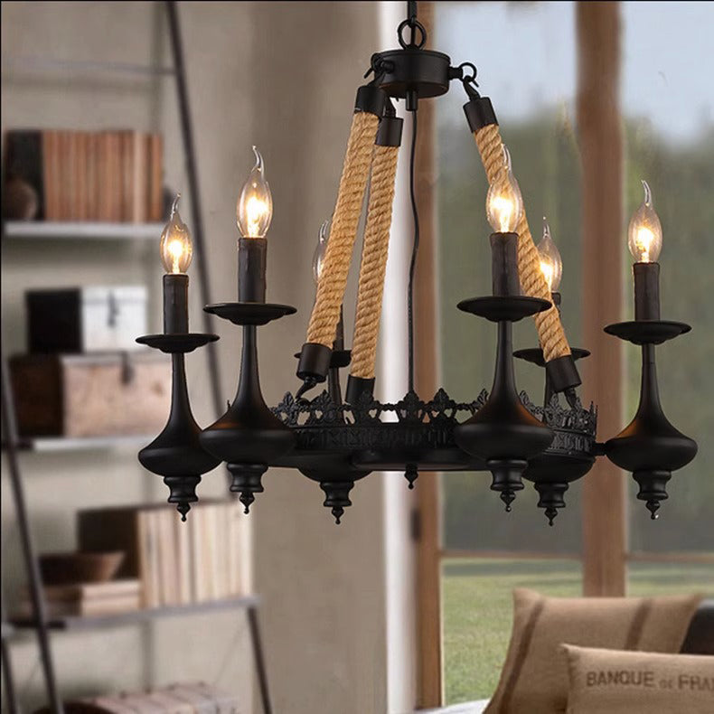Rustic Iron and Hemp Rope Round Candelabra Chandelier for Living Room