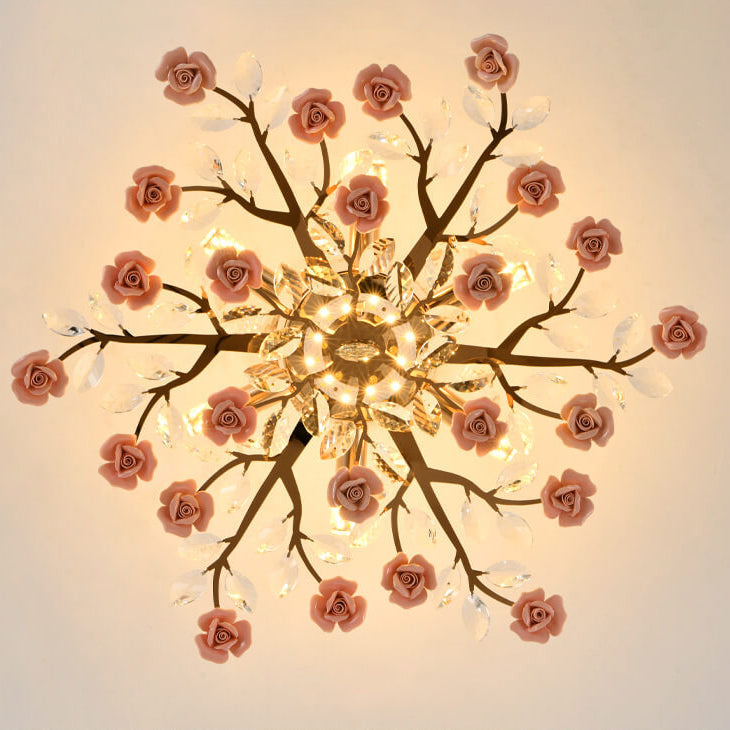 Elegant Rose Gold Iron Ceramic Crystal Chandelier for Dining Room