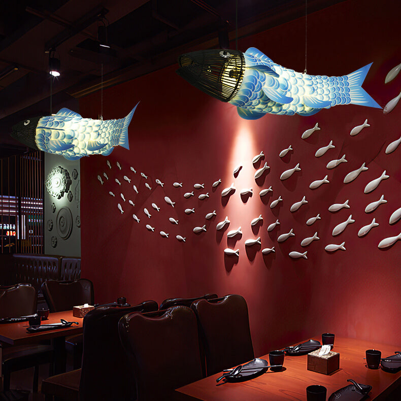 Elegant Chinese Koi Fish Iron and PVC Chandelier for Dining Room 2/4 Lights