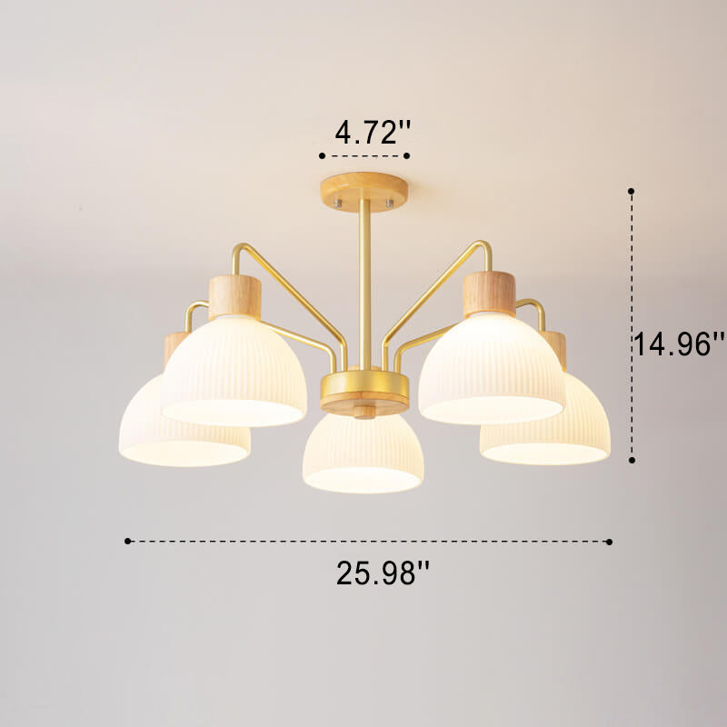 Vintage Nordic Wooden Chandelier with Glass Dome Shade for Living Room