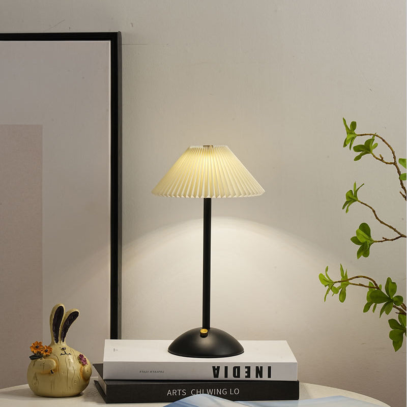 Modern Scandinavian Rechargeable Conic Pleated Fabric Table Lamp for Bedroom