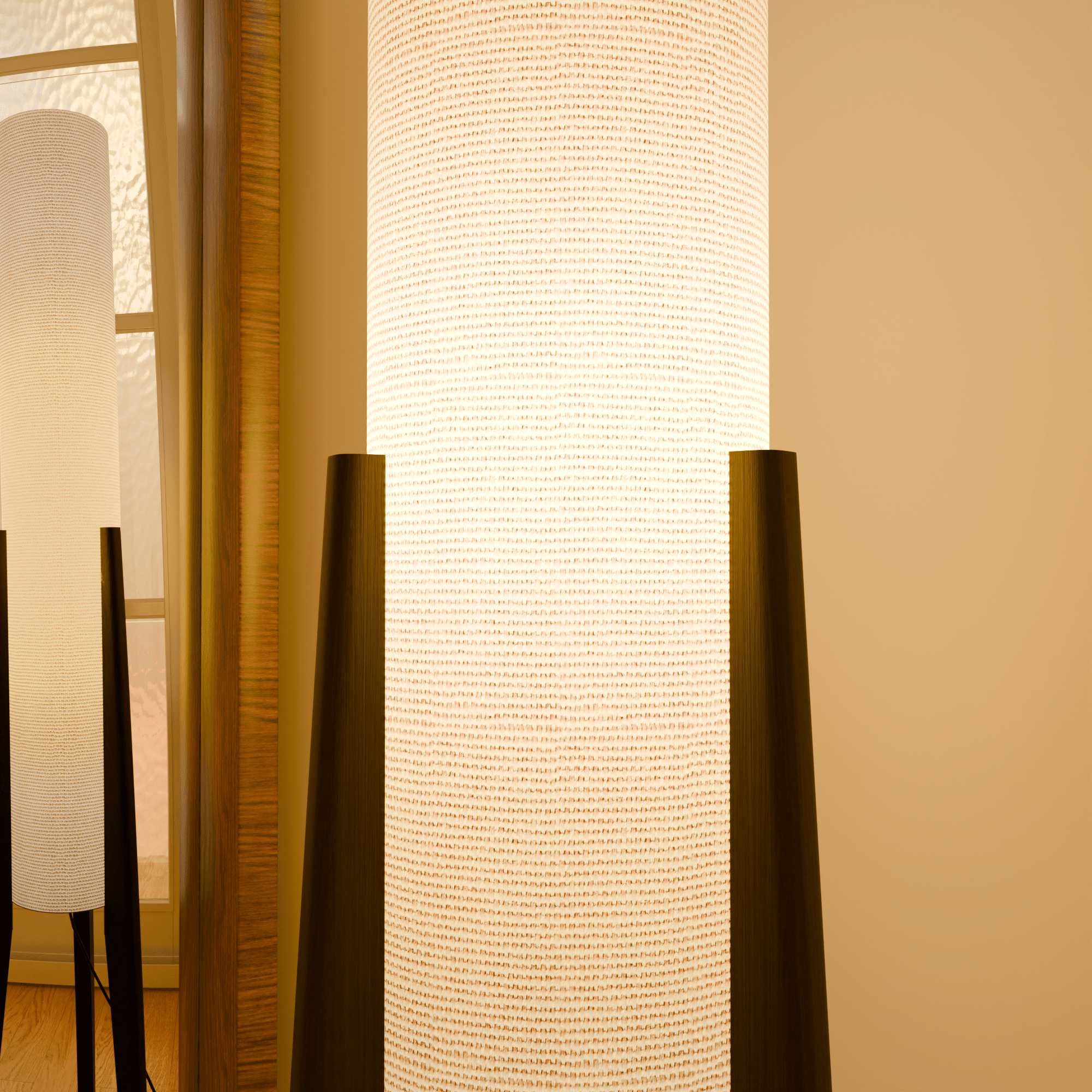 Modern White Fabric Floor Lamp with Wooden Base for Living Room Use