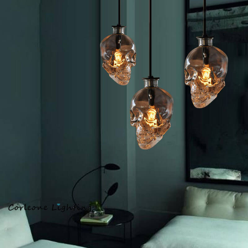Gothic Black Skull Glass 3-Light Chandelier for Dining Room or Bar