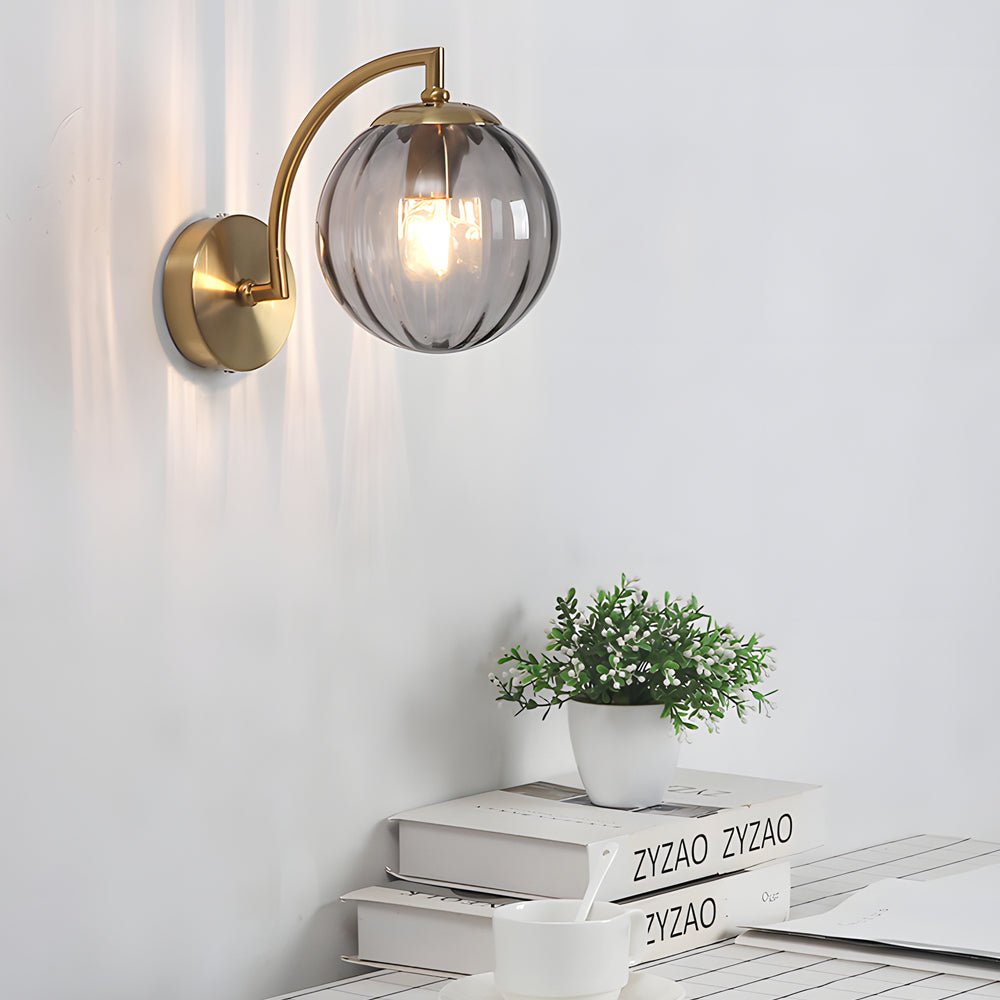 Elegant Curved Arm Wall Sconce with Ribbed Glass Shade for Living Room
