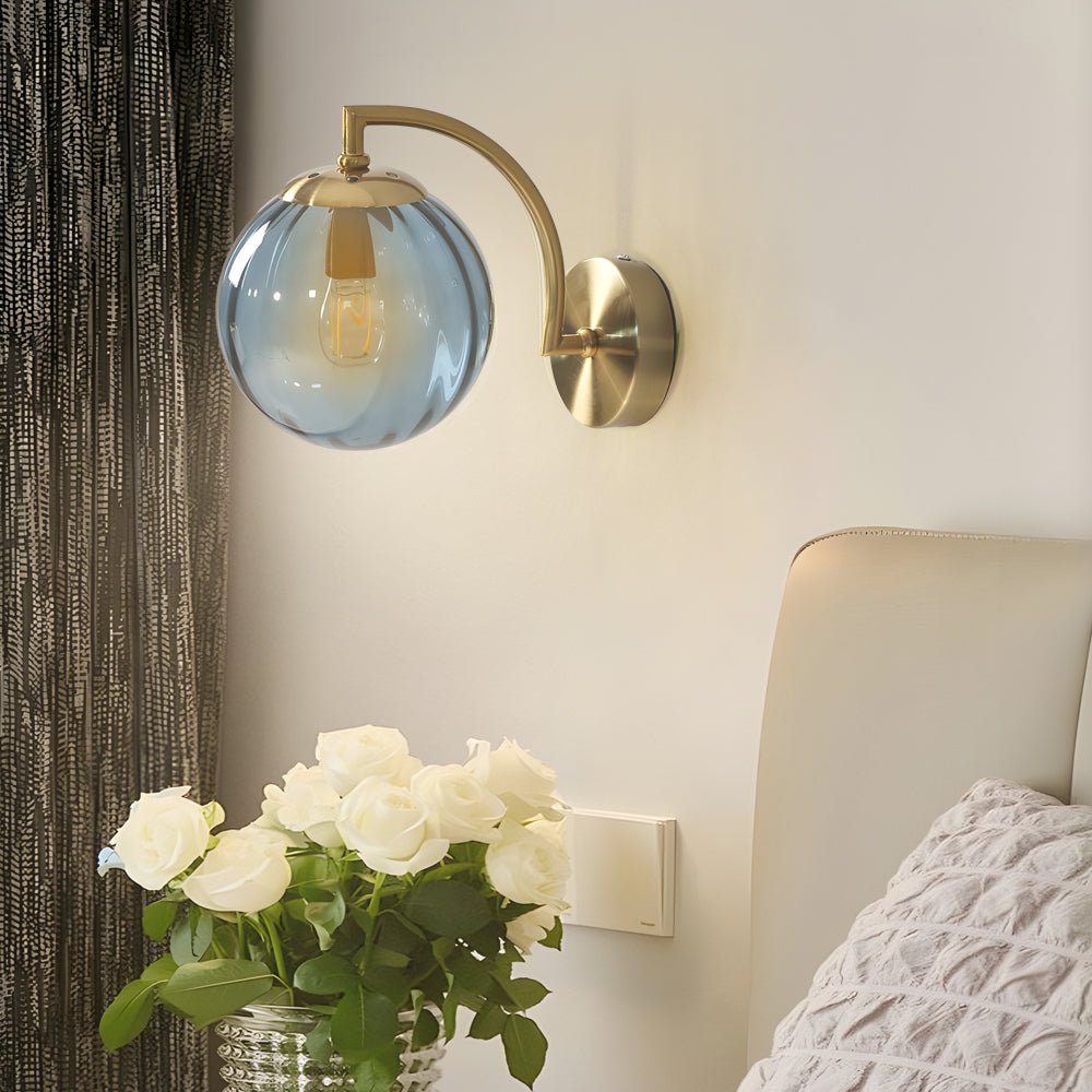 Elegant Curved Arm Wall Sconce with Ribbed Glass Shade for Living Room