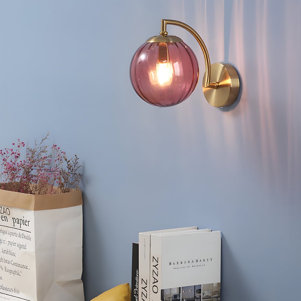 Elegant Curved Arm Wall Sconce with Ribbed Glass Shade for Living Room