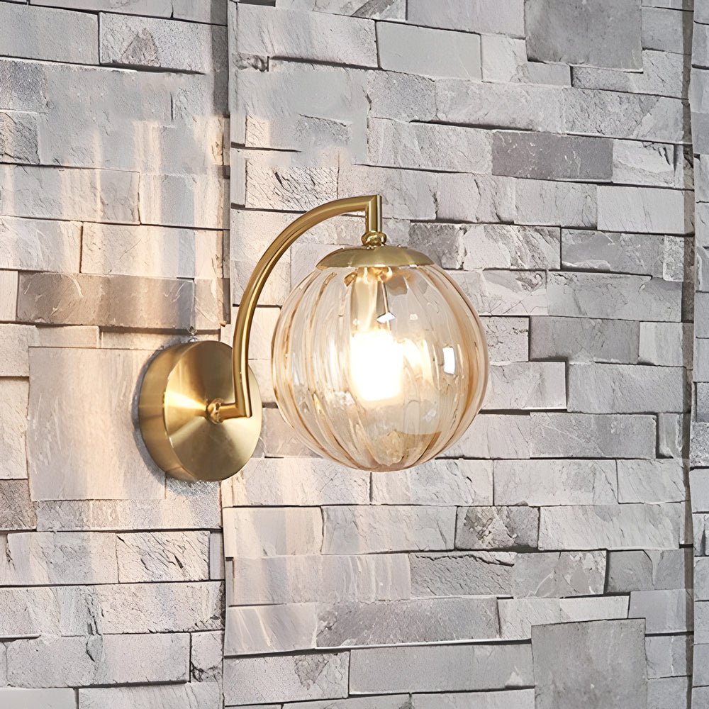 Elegant Curved Arm Wall Sconce with Ribbed Glass Shade for Living Room