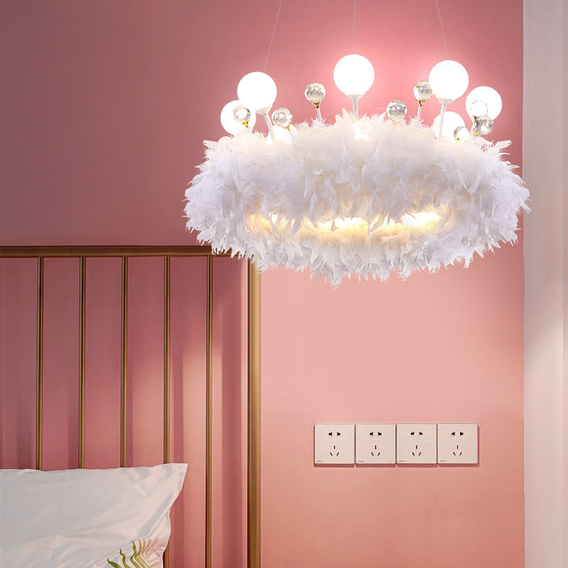 Modern White Acrylic Crown LED Chandelier with Feather Decor for Living Room