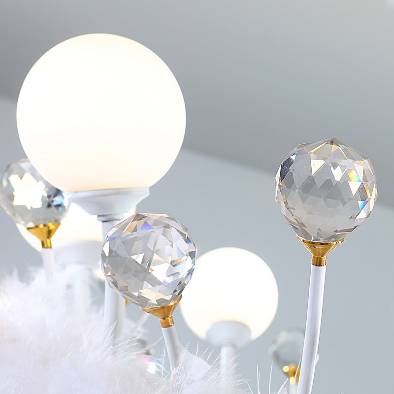 Modern White Acrylic Crown LED Chandelier with Feather Decor for Living Room