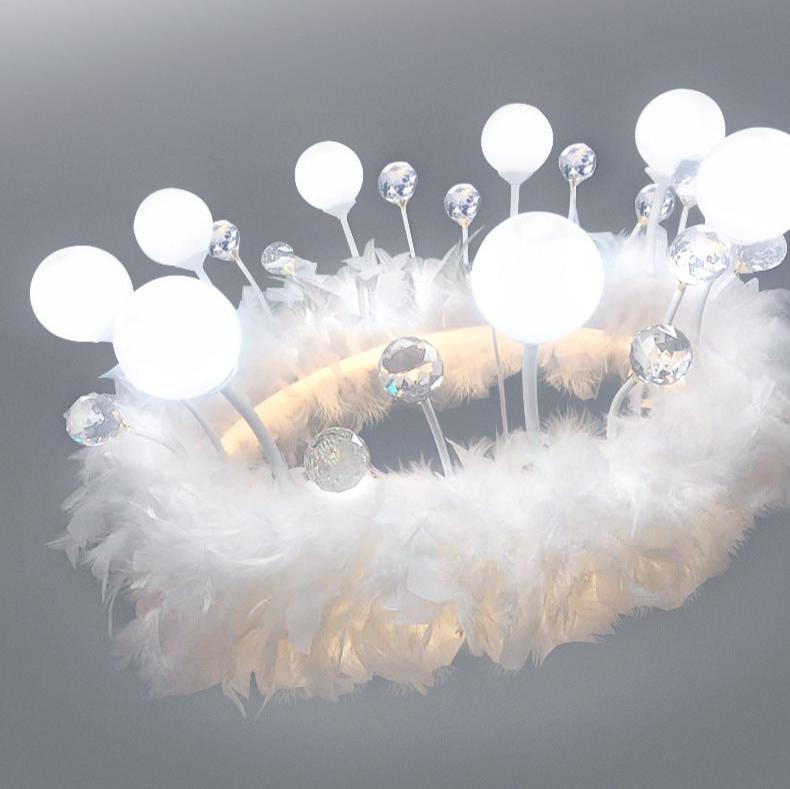Modern White Acrylic Crown LED Chandelier with Feather Decor for Living Room