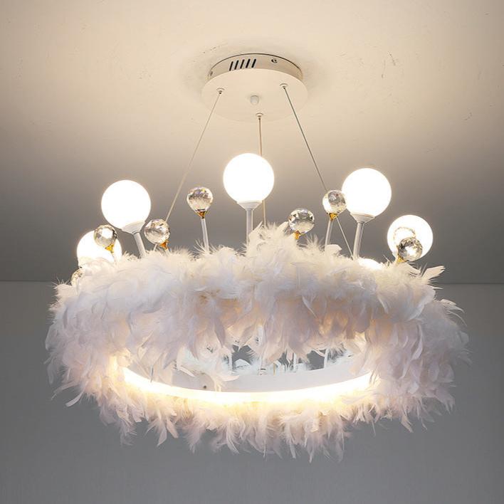Modern White Acrylic Crown LED Chandelier with Feather Decor for Living Room
