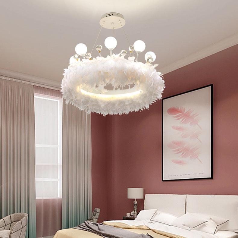 Modern White Acrylic Crown LED Chandelier with Feather Decor for Living Room