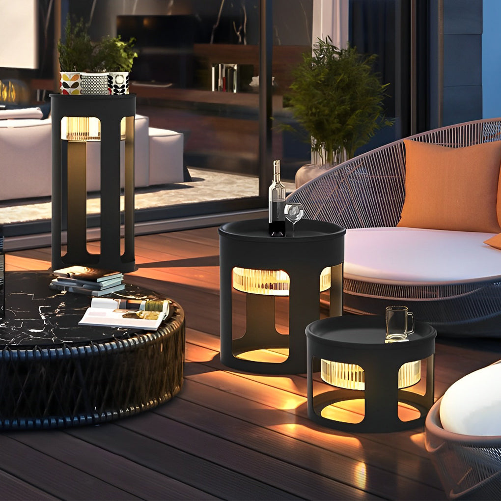 Modern White Round Solar-Powered LED Table Lamp for Outdoor Use