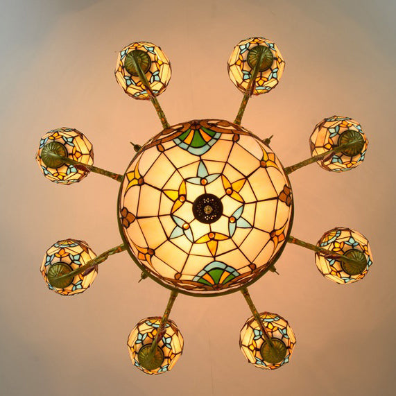 Vintage Tiffany Baroque Glass and Iron 8/11 Light Chandelier for Living Room