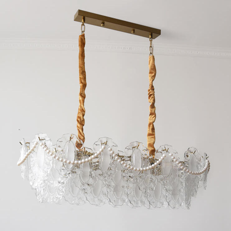 Elegant French Rectangular Pearl Iron Glass 8-Light Chandelier for Living Room