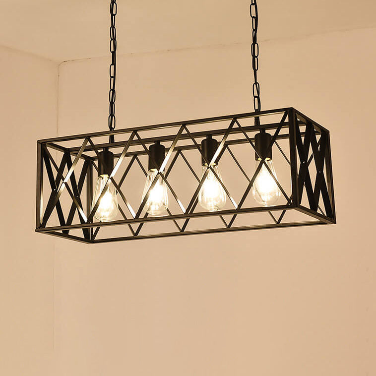 Rustic Black Iron Cage Rectangle Chandelier for Dining Room Island Light