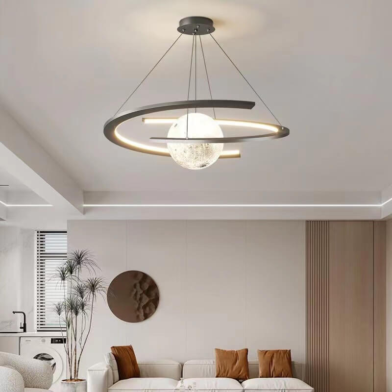 Nordic Minimalist White Wrought Iron Planet LED Chandelier for Kids' Room