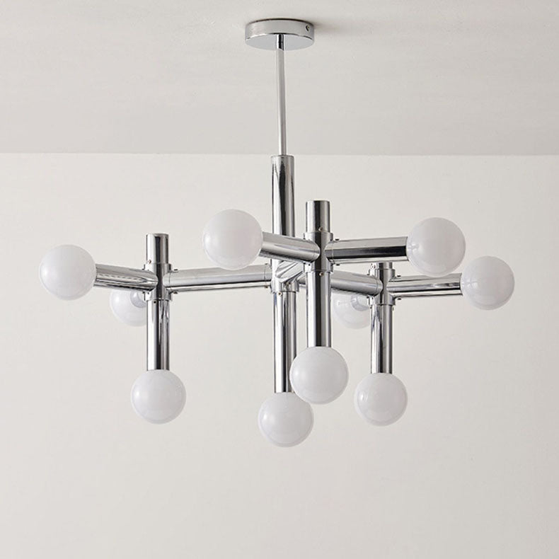 Mid-Century Modern Silver Iron 10-Light Glass Ball Chandelier for Living Room