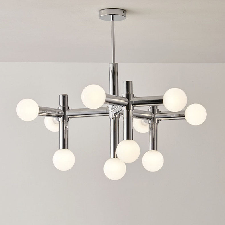Mid-Century Modern Silver Iron 10-Light Glass Ball Chandelier for Living Room