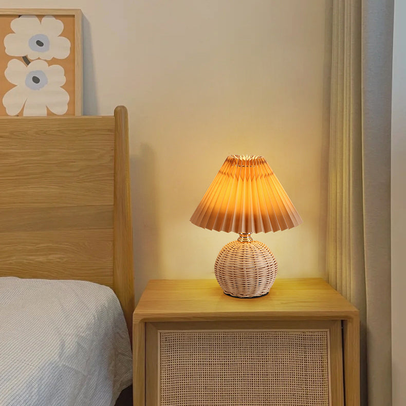 Scandinavian Rattan Pleated Conic LED Table Lamp for Modern Bedrooms