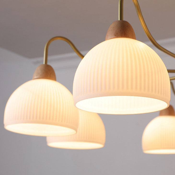 Scandinavian Rubberwood & Glass Round Chandelier for Modern Living Room