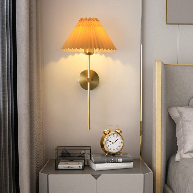 Antique Beige Pleated Fabric Shade Wall Sconce Lamp for Bedroom Decor