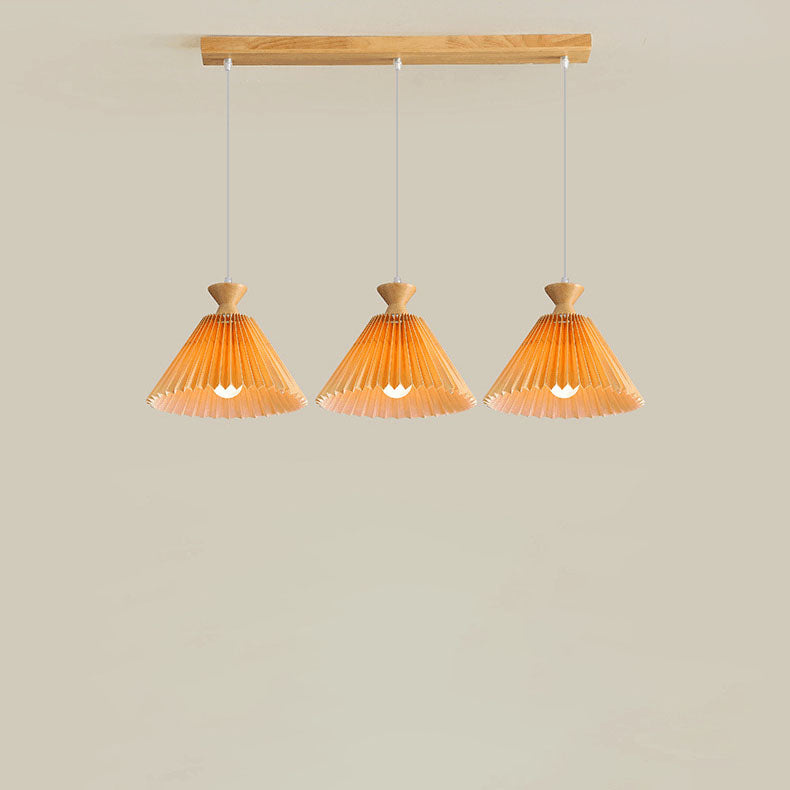 Traditional Japanese Pleated Cone Rubberwood Chandelier for Living Room