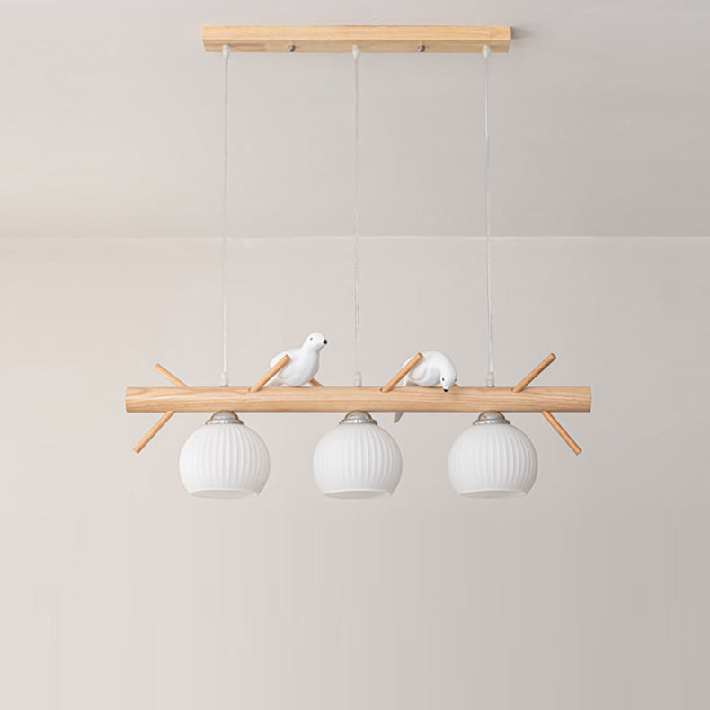 Elegant Traditional Japanese Wood and Glass 3-Light Chandelier for Living Room