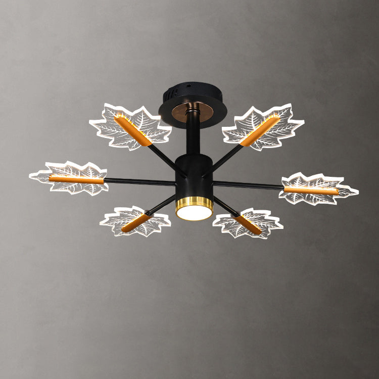 Sleek Black Iron Acrylic LED Chandelier with Maple Leaf Design for Living Room