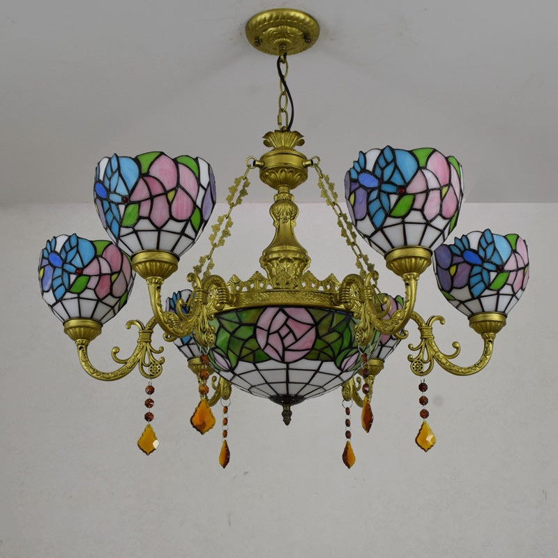 Vintage Tiffany-Style Floral Dome Iron Glass Chandelier for Living Room