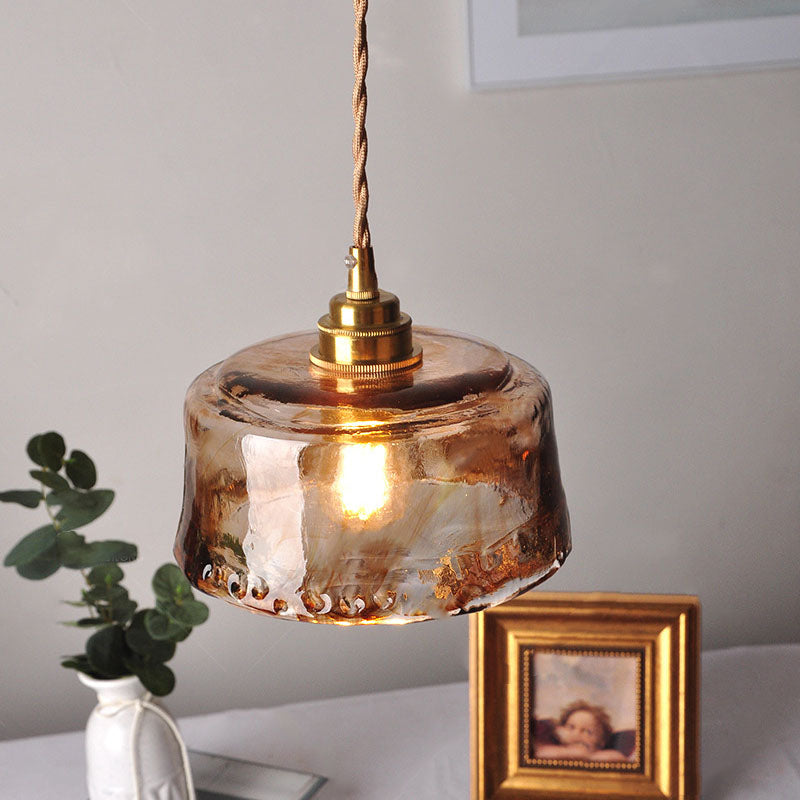 Vintage Amber Glass Drum Pendant Light with Brass for Living Room