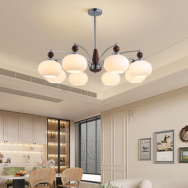 Modern Wood and Glass Round Chandelier for Living Room, 3/5/6/8 Lights