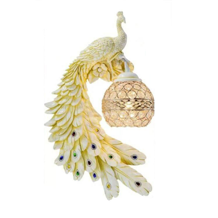 Vintage Ornate Peackcock Wall Sconce Lamp with Crystal Ball Shade for Living Room