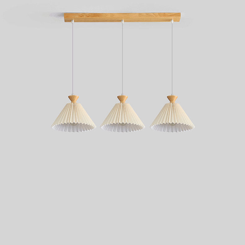 Traditional Japanese Pleated Cone Rubberwood Chandelier for Living Room