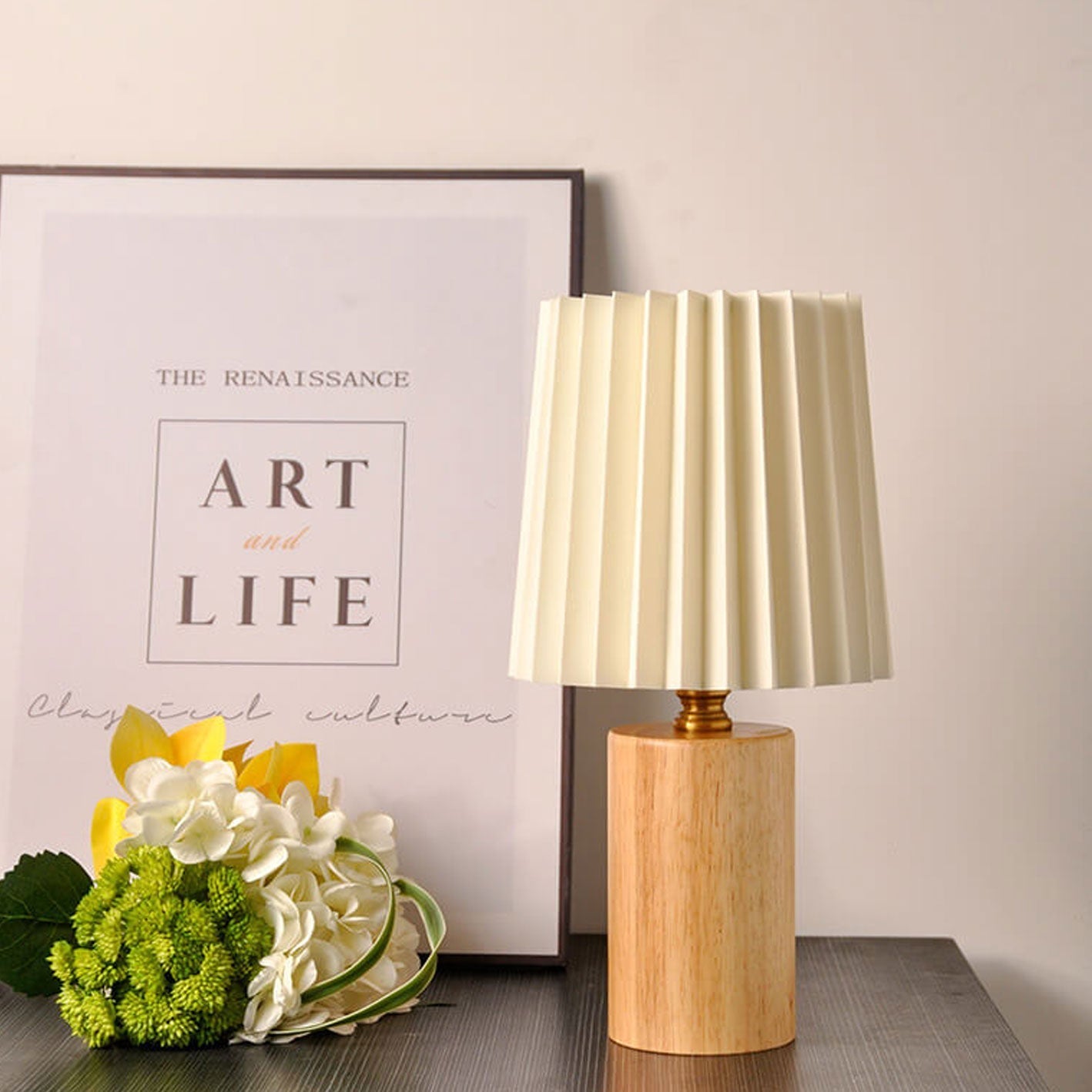 Elegant Vintage Korean Pleated Column Table Lamp with Solid Wood Base