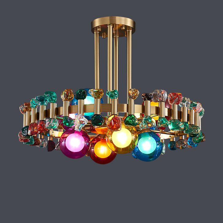 Modern Gold Finish Chandelier with Colorful Glass Shades for Living Room
