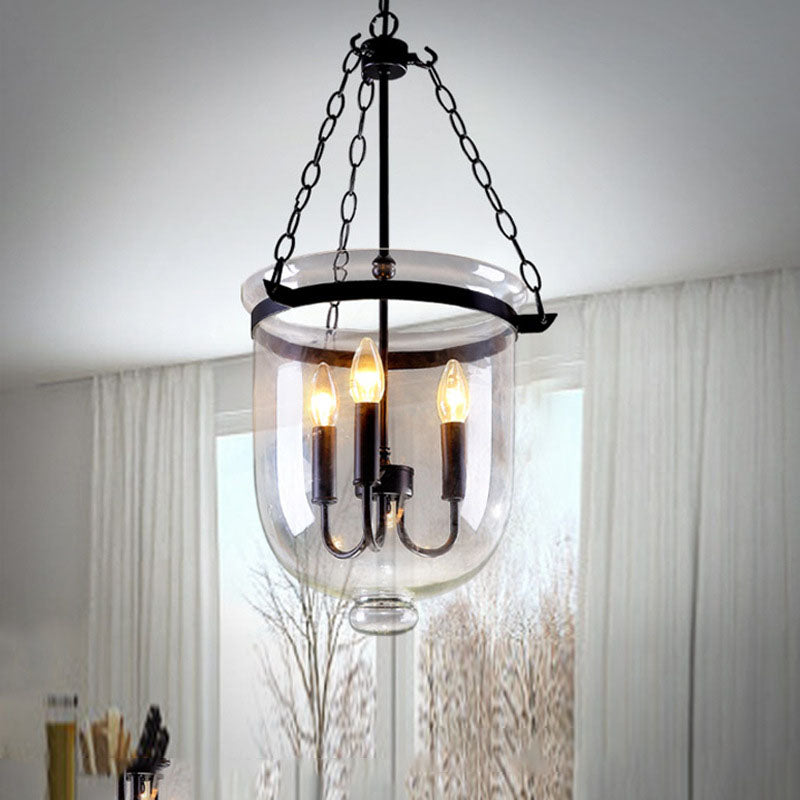 Rustic Iron 3-Light Round Glass Bucket Candelabra Chandelier for Living Room
