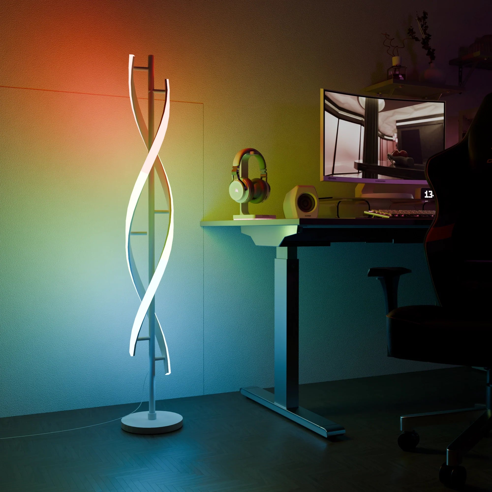 Elegant Modern White Floor Lamp with Light Wood Base for Living Room