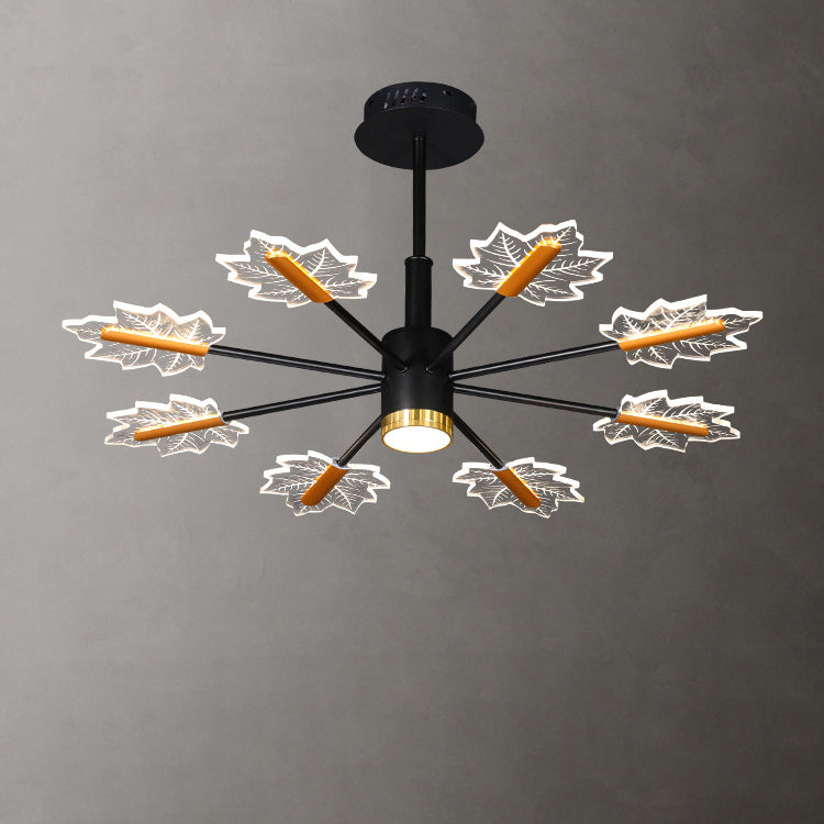 Sleek Black Iron Acrylic LED Chandelier with Maple Leaf Design for Living Room