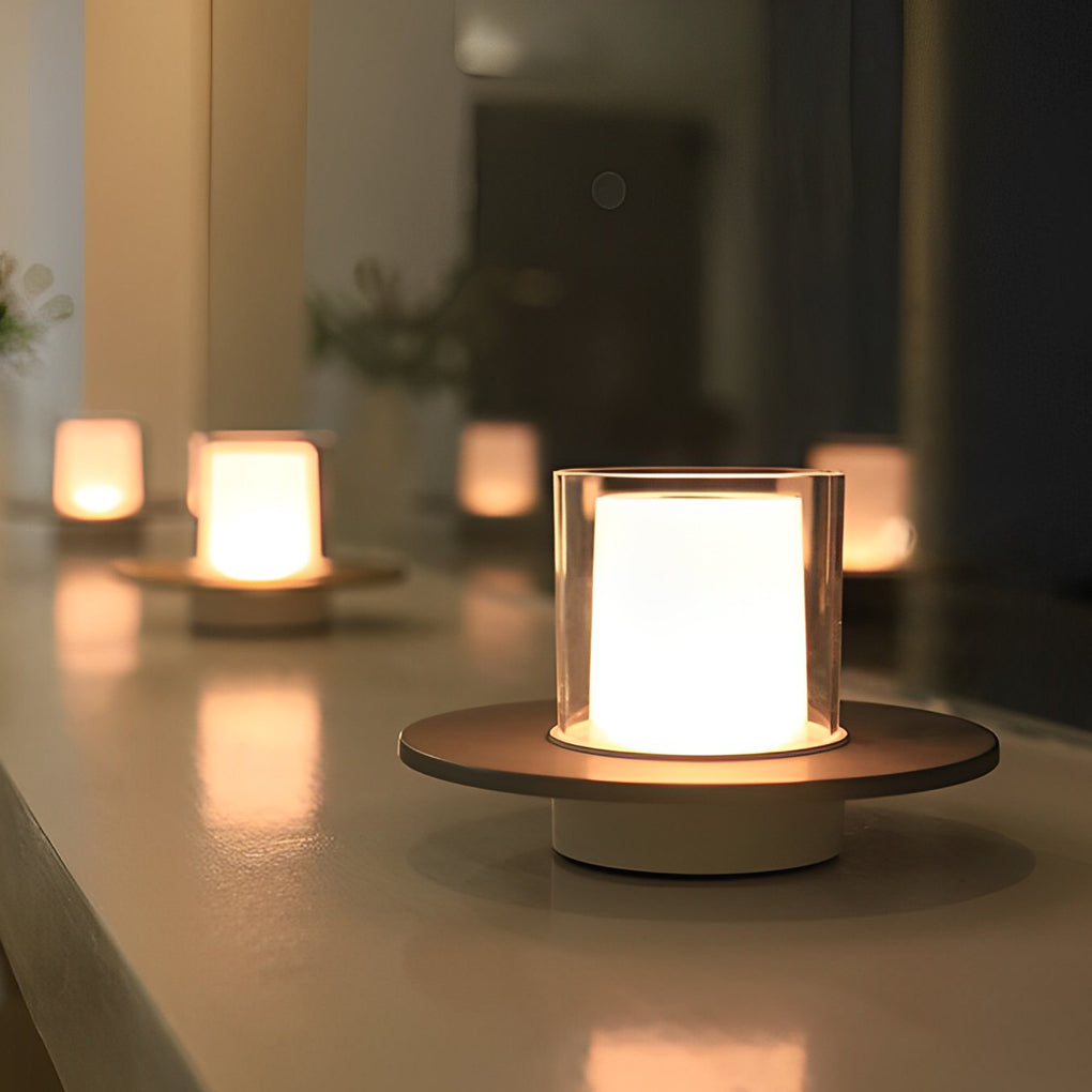 Elegant White Cordless Cylinder Table Lamp with Dish Base for Home Decor