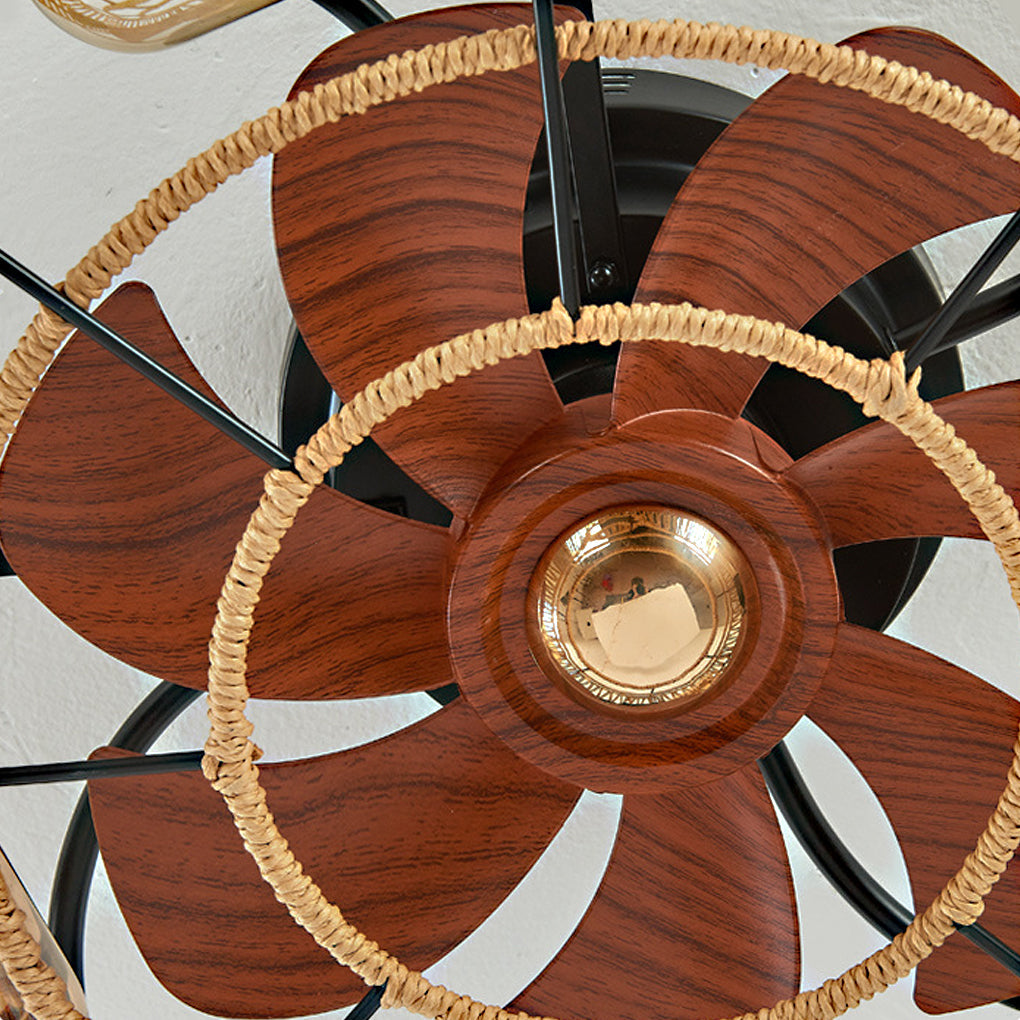 Industrial Style Rattan and Iron Ceiling Fan Lamp for Modern Spaces