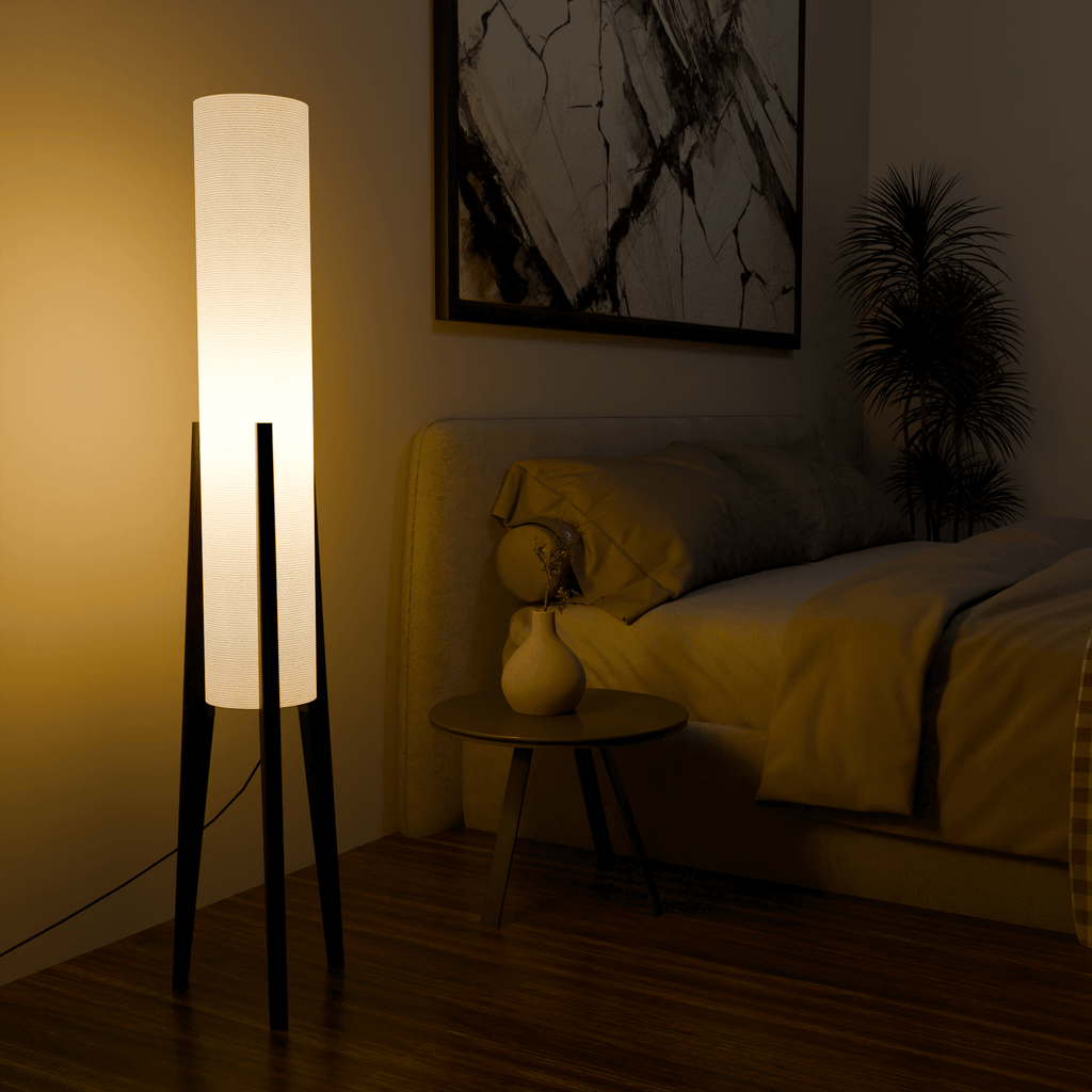 Modern White Fabric Floor Lamp with Wooden Base for Living Room Use